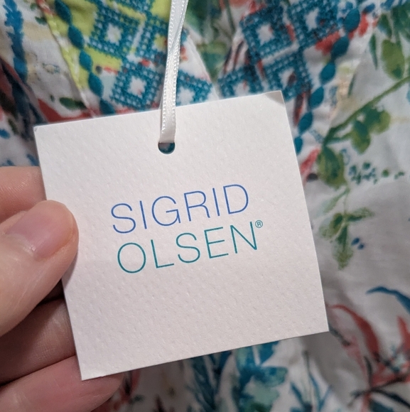 NWT Sigrid Olsen Blouse Beach Print V Neck Embroidery 100% Cotton Summer, Small - Picture 3 of 5